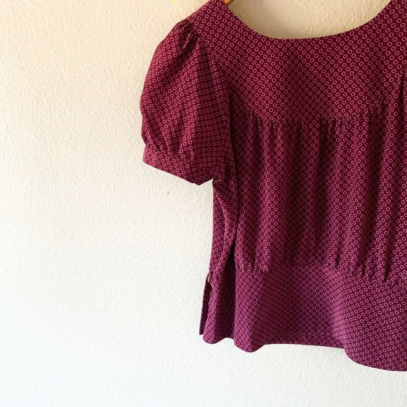 Fossil burgundy polka dot 100% silk blouse faux crystal button detail size M - Picture 2 of 6